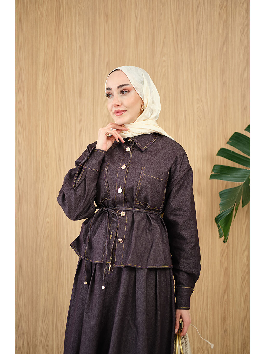 Kadın Çift Cep Detay Bel Bağlamalı Jean Takım Mürdüm-1