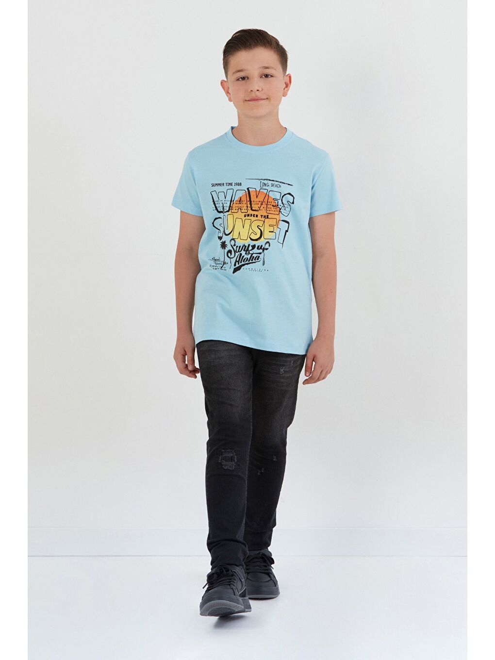 Mavi %100 Pamuk Waves Sunset Baskılı Erkek Çocuk Tişört-4