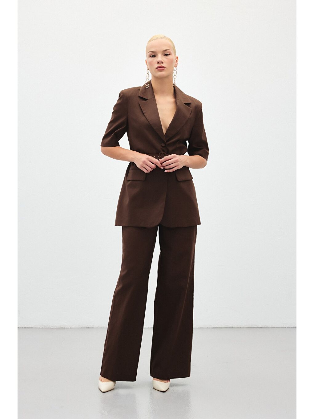 Kahverengi Bol Paça Keten Pantolon - Kahve-4