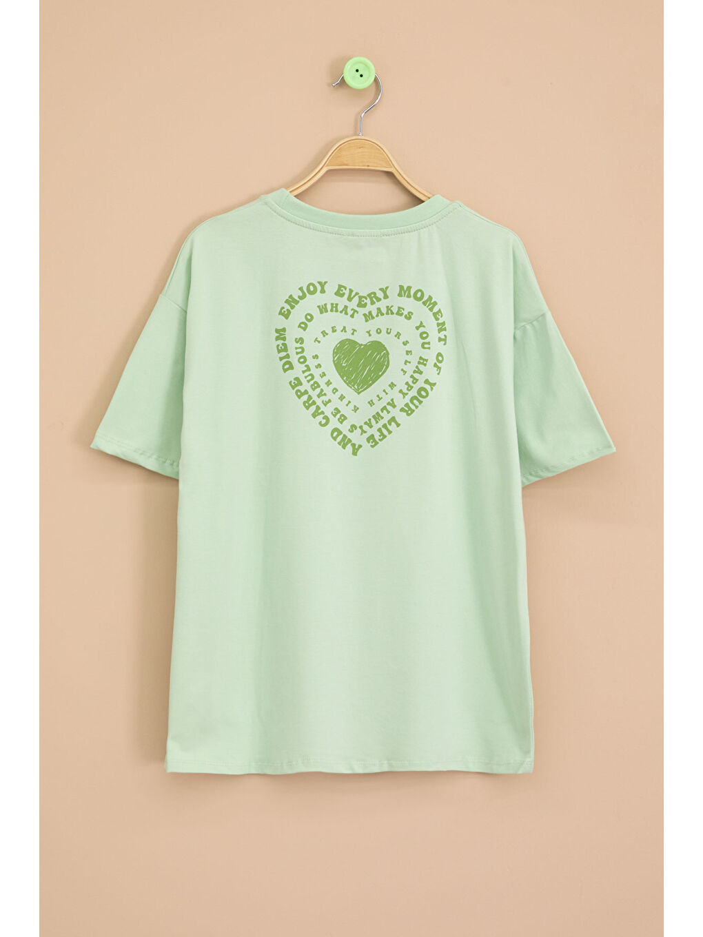 Yeşil Sırtı Kalp Baskılı Yazılı Kız Çocuk Bisiklet Yaka Tişört 20970-2