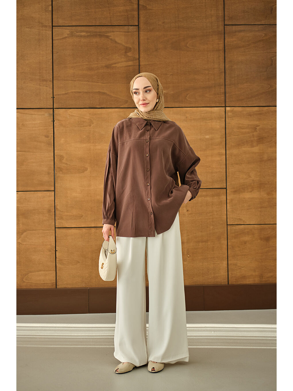 Kadın Biyeli Bel Bağlamalı Gömlek Kahverengi-1