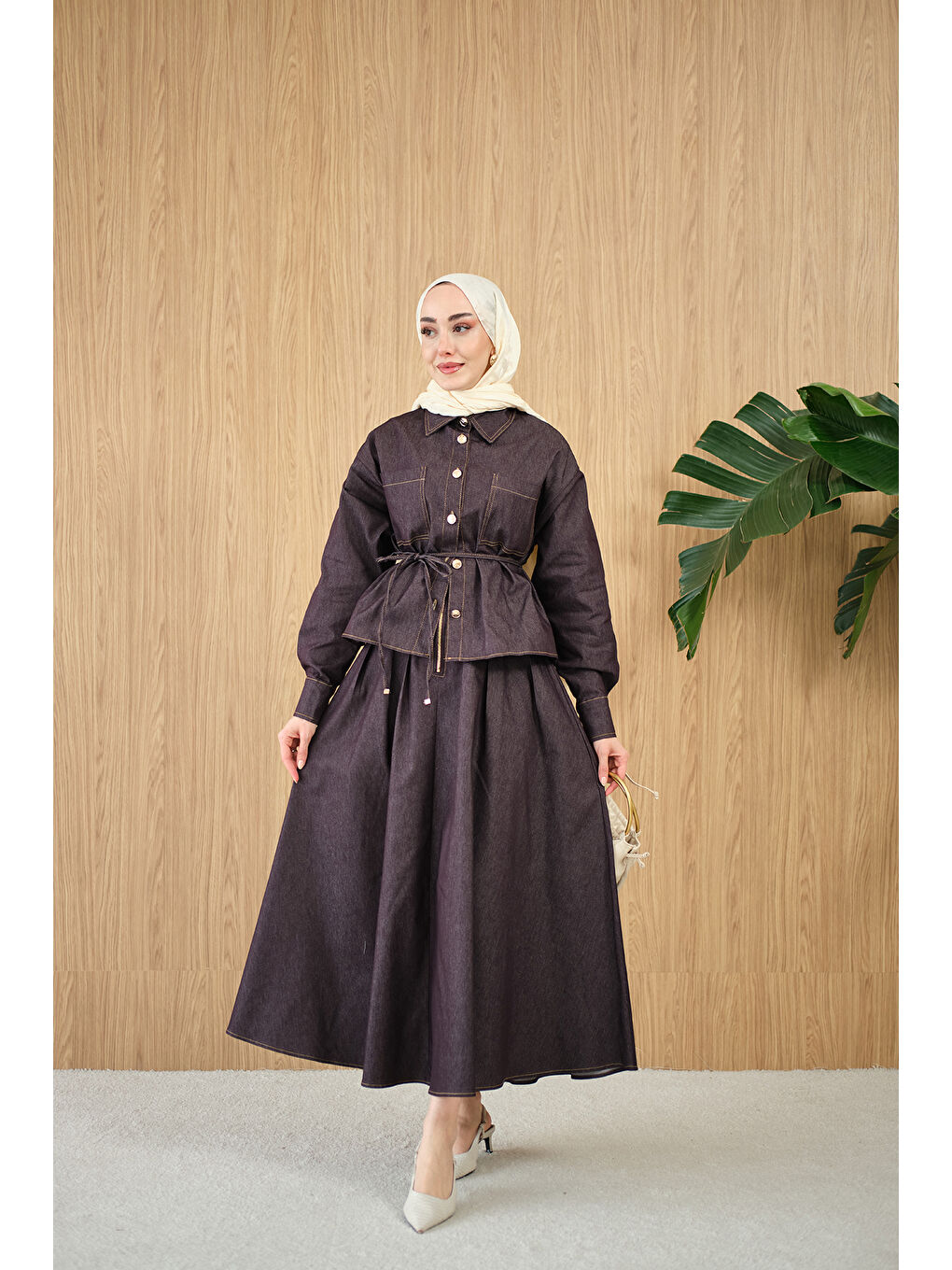 Kadın Çift Cep Detay Bel Bağlamalı Jean Takım Mürdüm-2