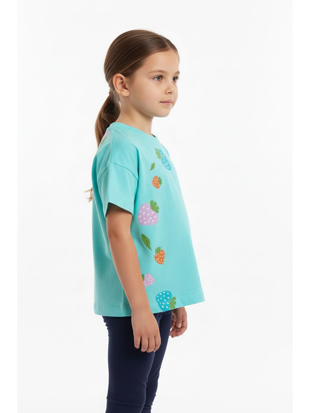 Yeşil Kız Çocuk Bisiklet Yaka Düşük Omuz Kısa Kollu Baskılı Tişört 25005-1