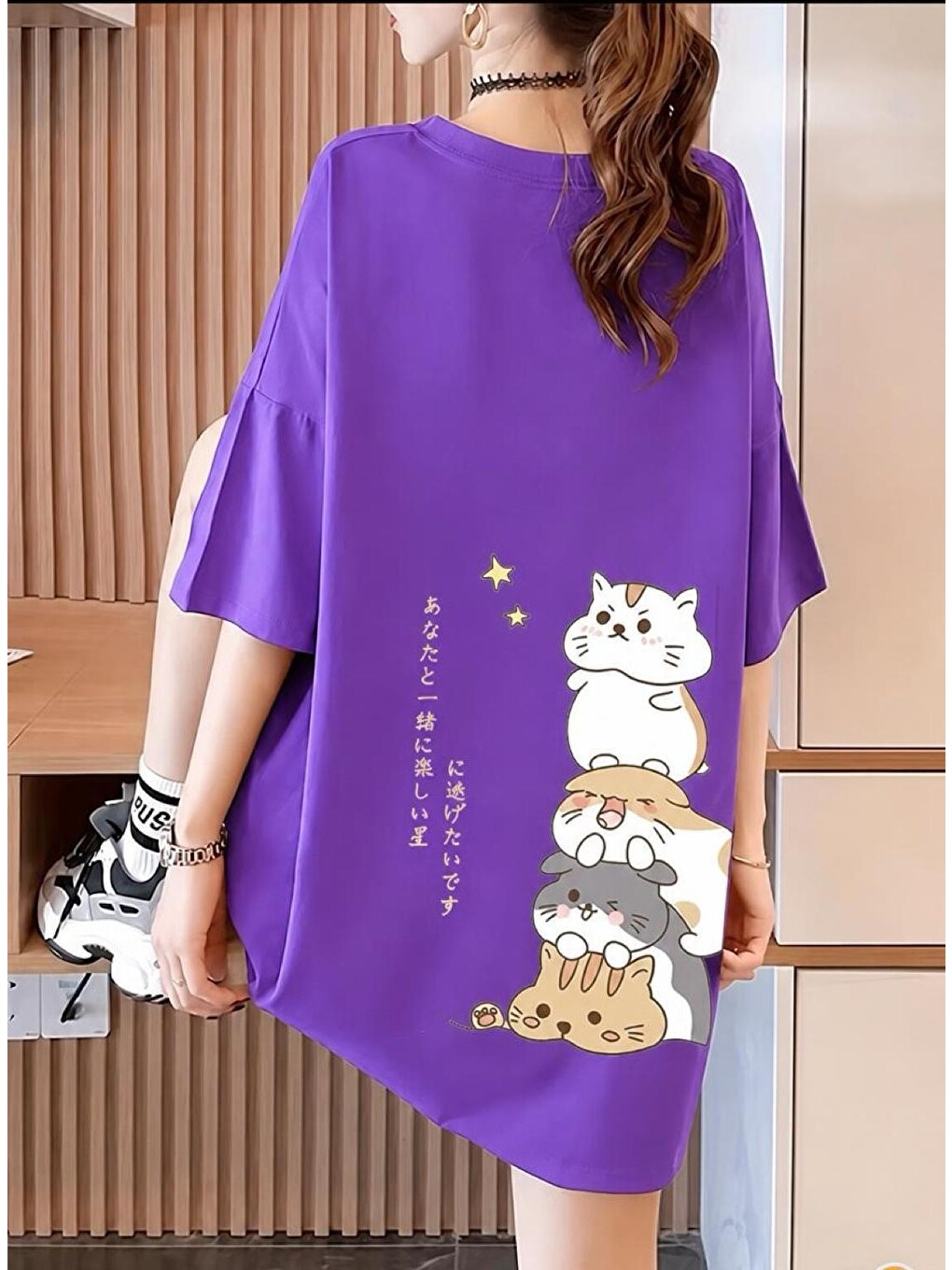 Mor Harajuku Japon Yazılı Kedi Tasarımlı Unisex Oversize T-shirt