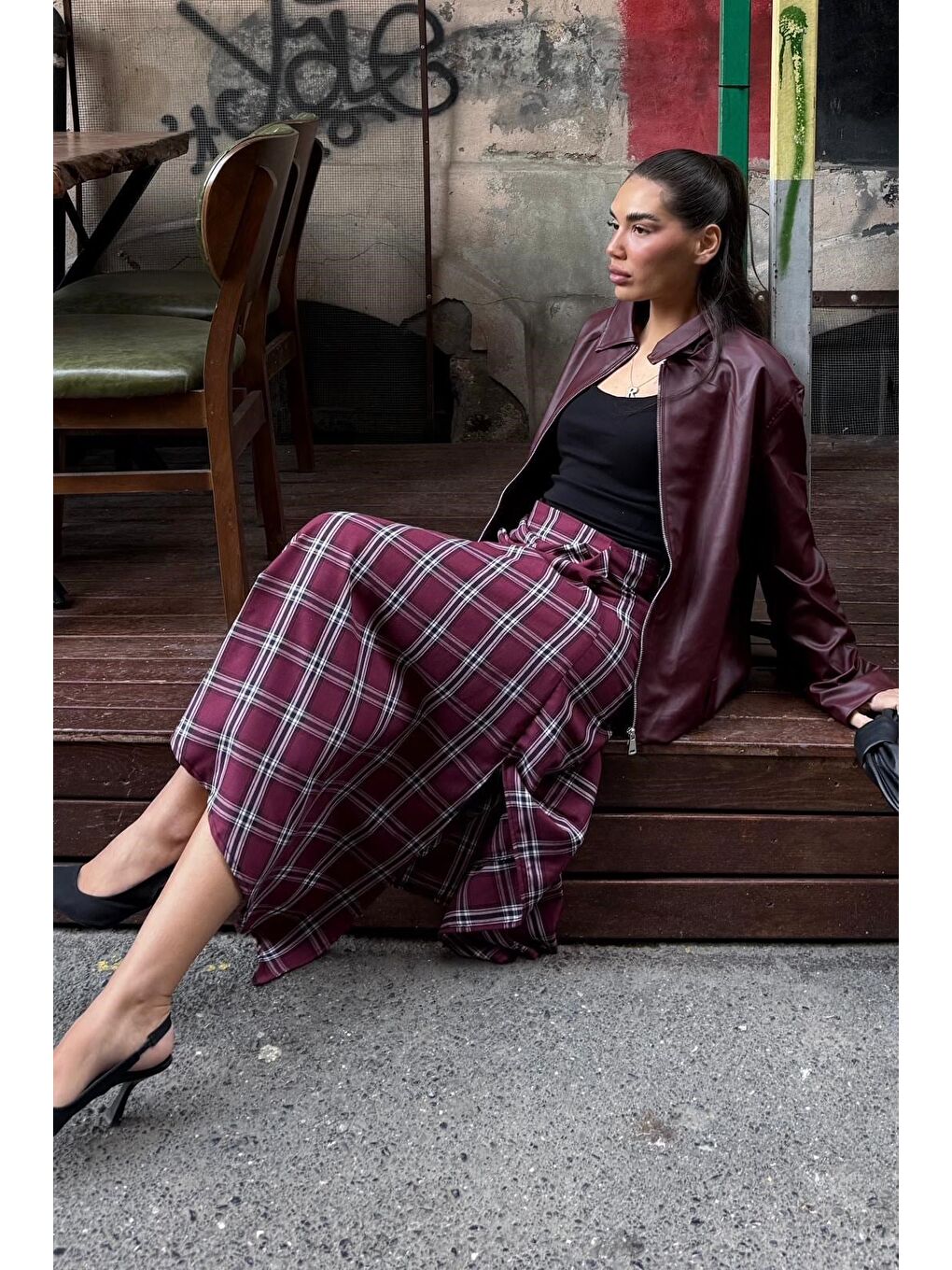 Bordo Ekose Desenli Yırtmaç Detaylı Kruvaze Midi Kadın Etek Mg2690-5