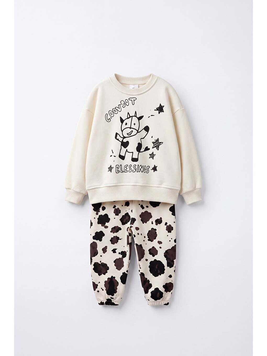 Karışık Çocuk İnek Baskılı Ekru Sweatshirt Ve Desenli Eşofman Altı Takımı