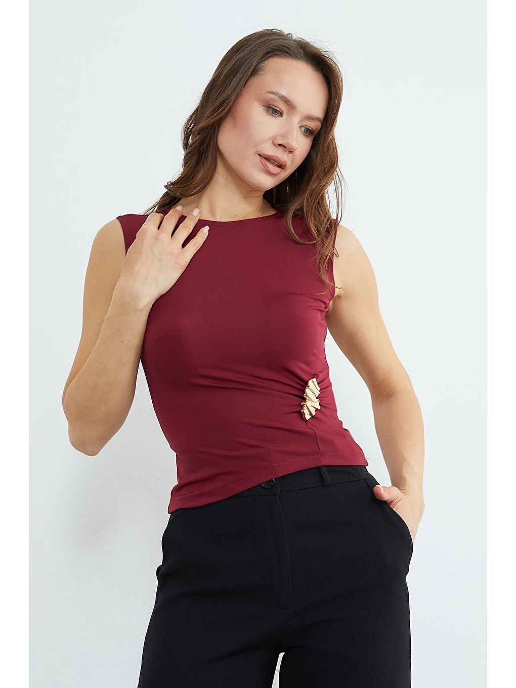Bordo Toka Detaylı Bisiklet Yaka Bluz-2