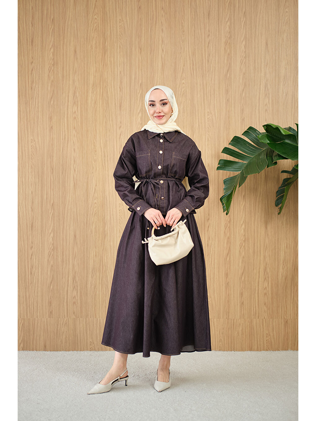 Kadın Çift Cep Detay Bel Bağlamalı Jean Takım Mürdüm-3