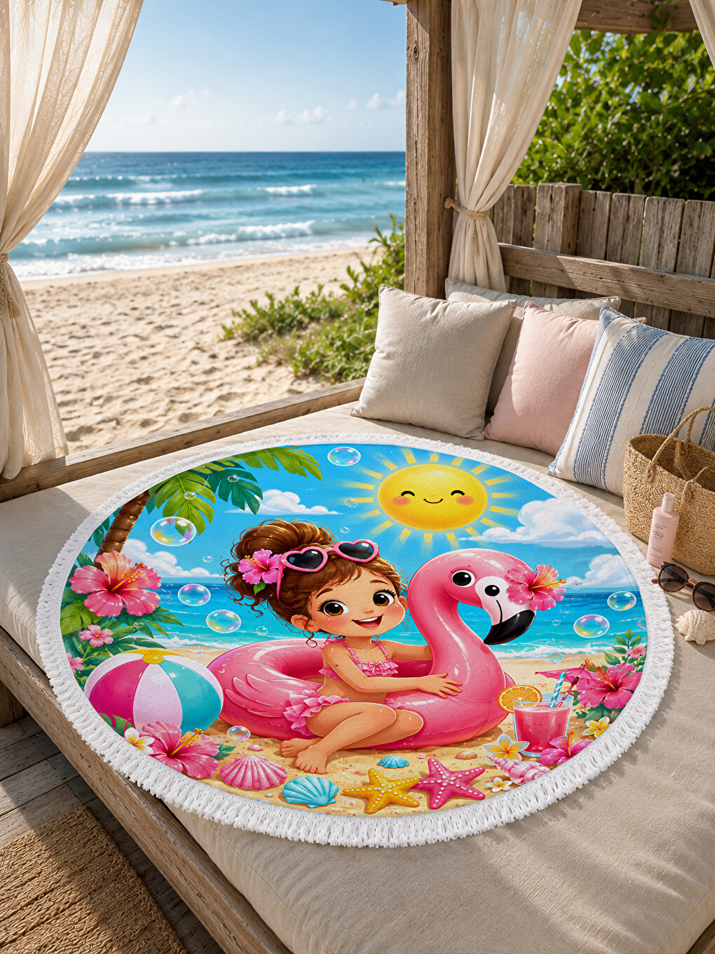 Flamingo Tatili 150 Cm Yuvarlak Çocuk Plaj Havlusu Flamingo Temalı Pembe Yazlık Havlu-1