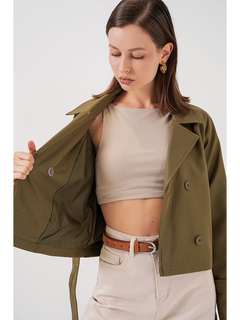 Kadın Kemerli Kısa Trençkot 5970 - Haki-3