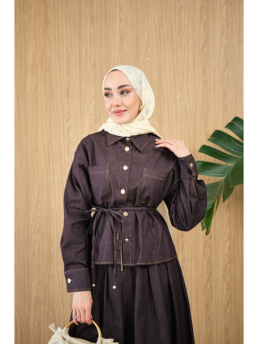 Kadın Çift Cep Detay Bel Bağlamalı Jean Takım Mürdüm-4