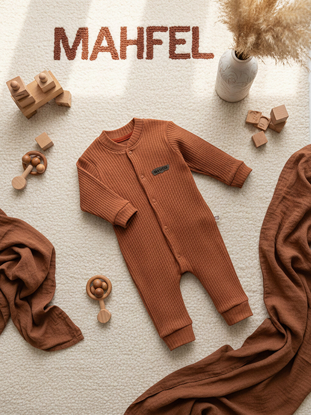 Kahverengi %100 Pamuklu Fitilli Bebek Tulum Salopet Çikolata-3