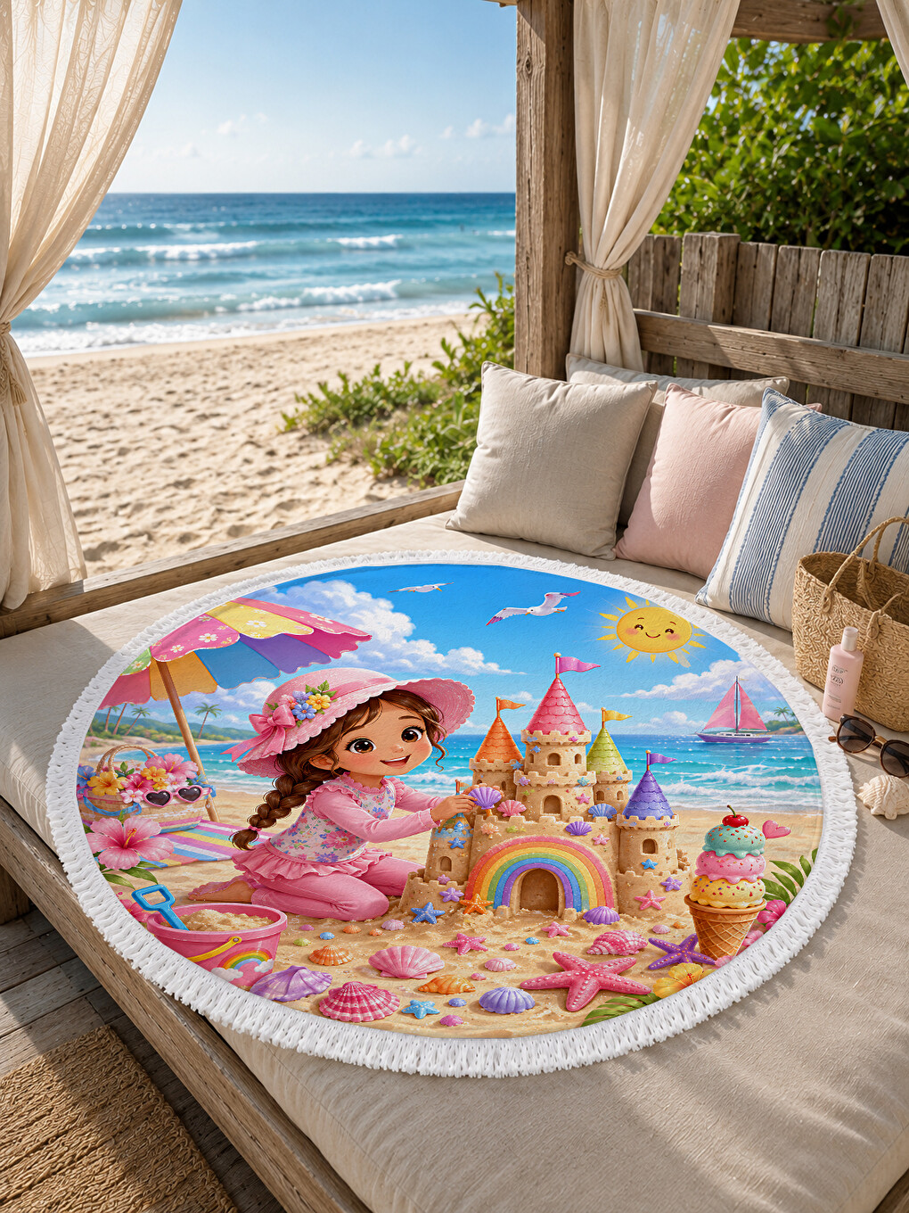 Turuncu Sahil Prensesi 150 Cm Yuvarlak Çocuk Plaj Havlusu Prenses ve Kumdan Kale Temalı-1