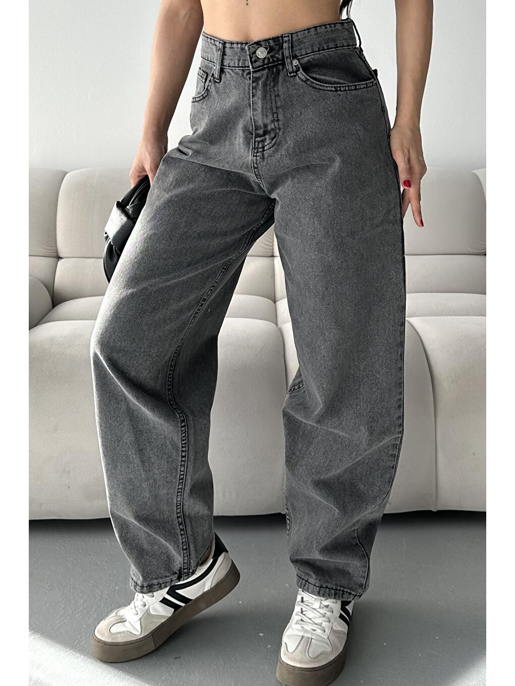 Kar Yıkamalı Baggy Jean Pantolon Koyu Gri - 27269-1
