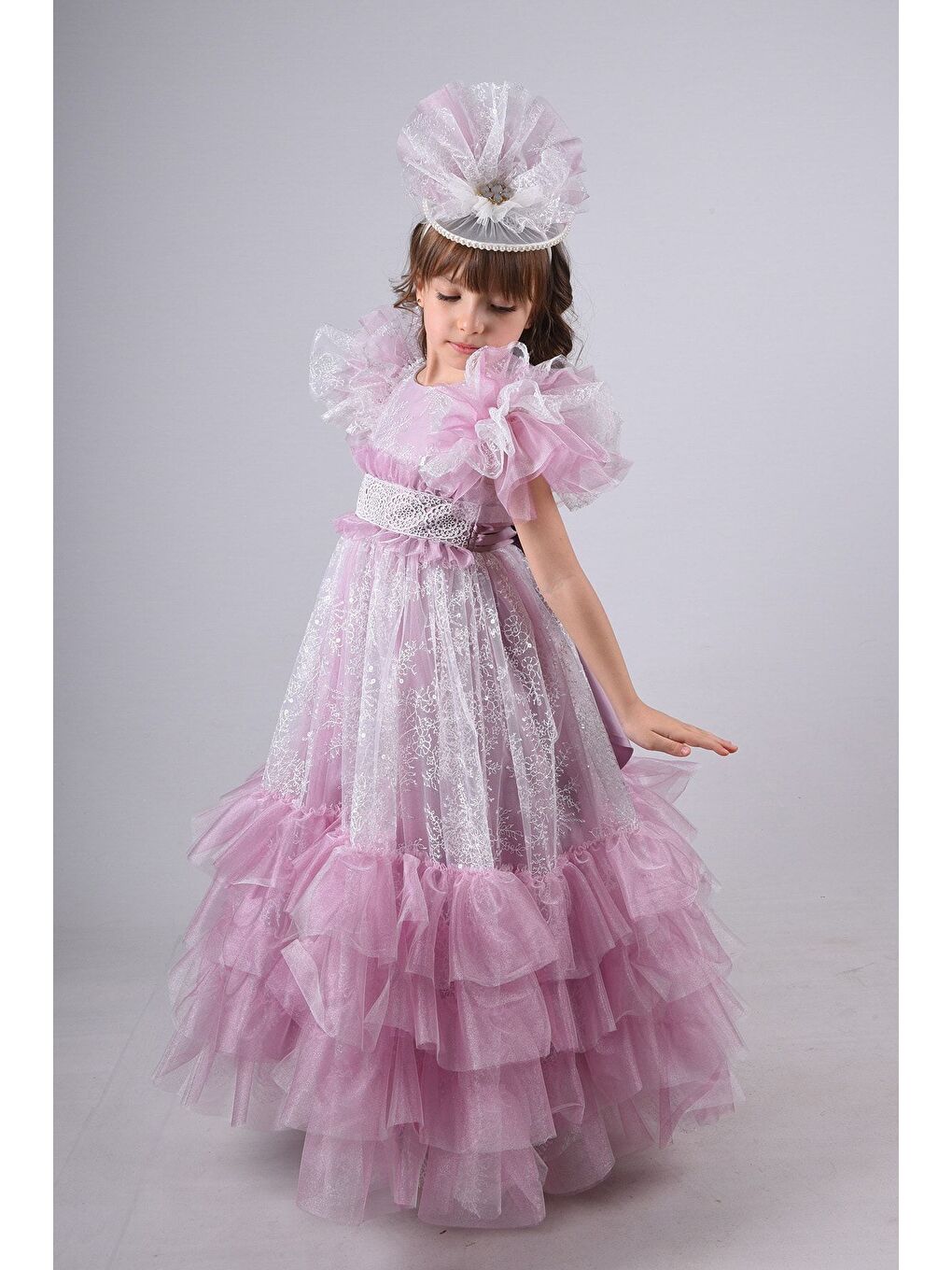 Pembe Taç Aksesuarlı Kız Çocuk Elbise-1