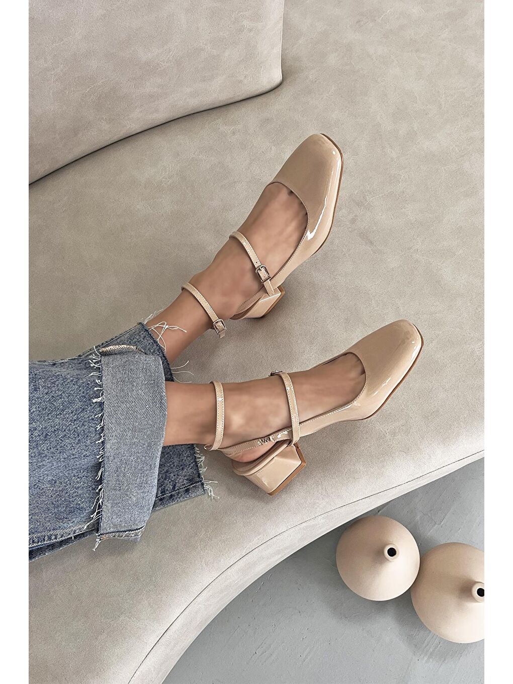 Bej Viola Kadın Topuklu Rugan Ayakkabı Ten