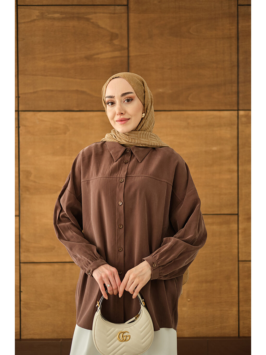 Kadın Biyeli Bel Bağlamalı Gömlek Kahverengi-3