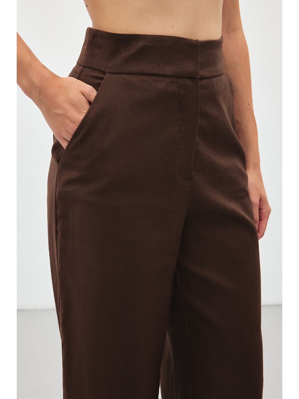 Kahverengi Bol Paça Keten Pantolon - Kahve-6