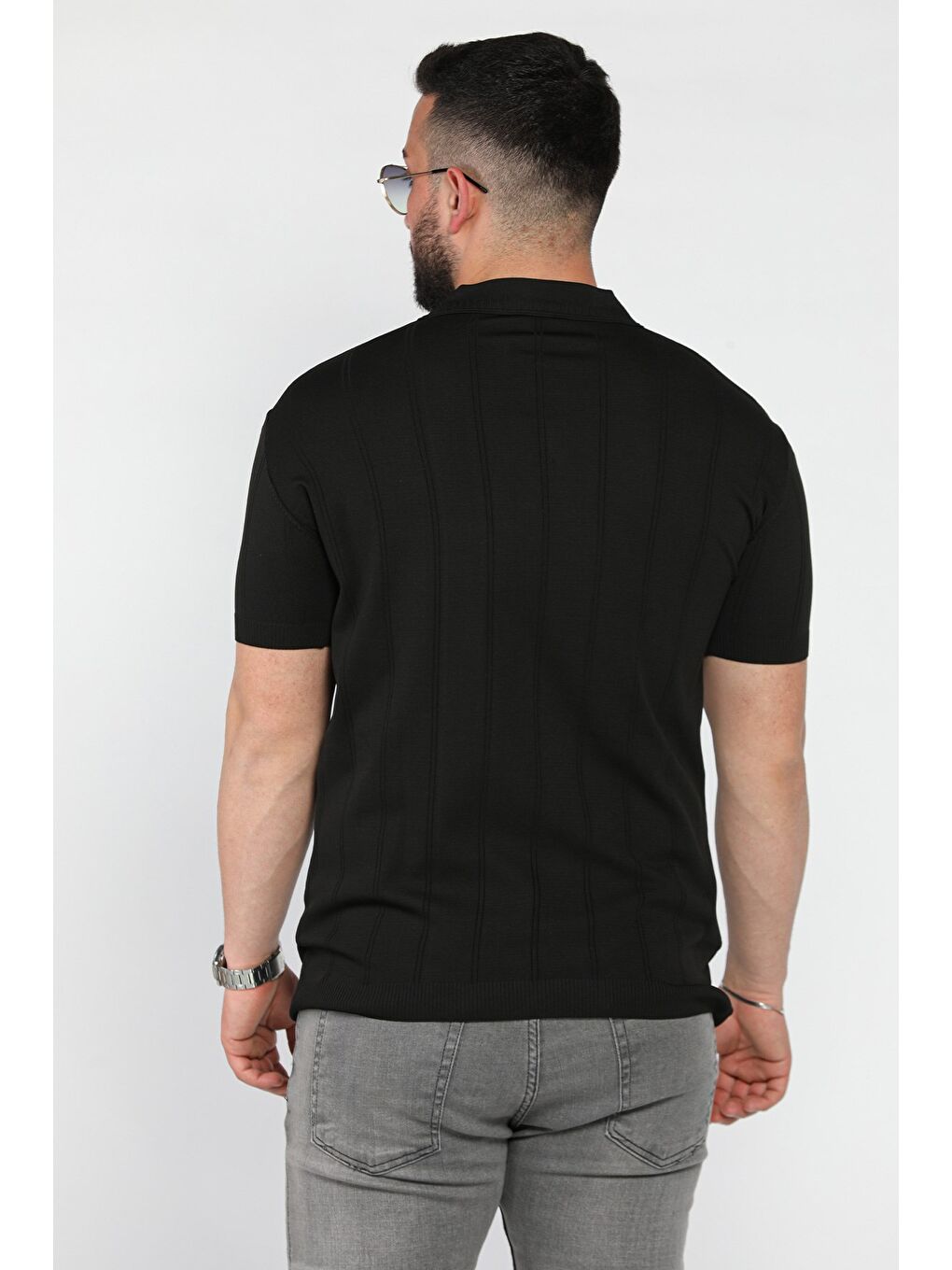 Siyah Erkek Bisiklet Yaka Yarım Fermuarlı Triko Tişört-2