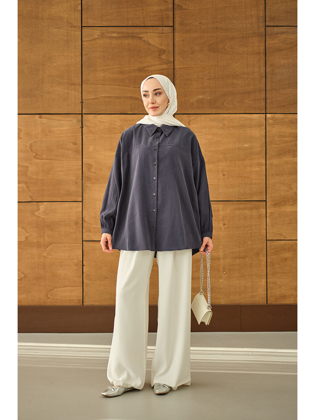 Kadın Biyeli Bel Bağlamalı Gömlek Lacivert-1