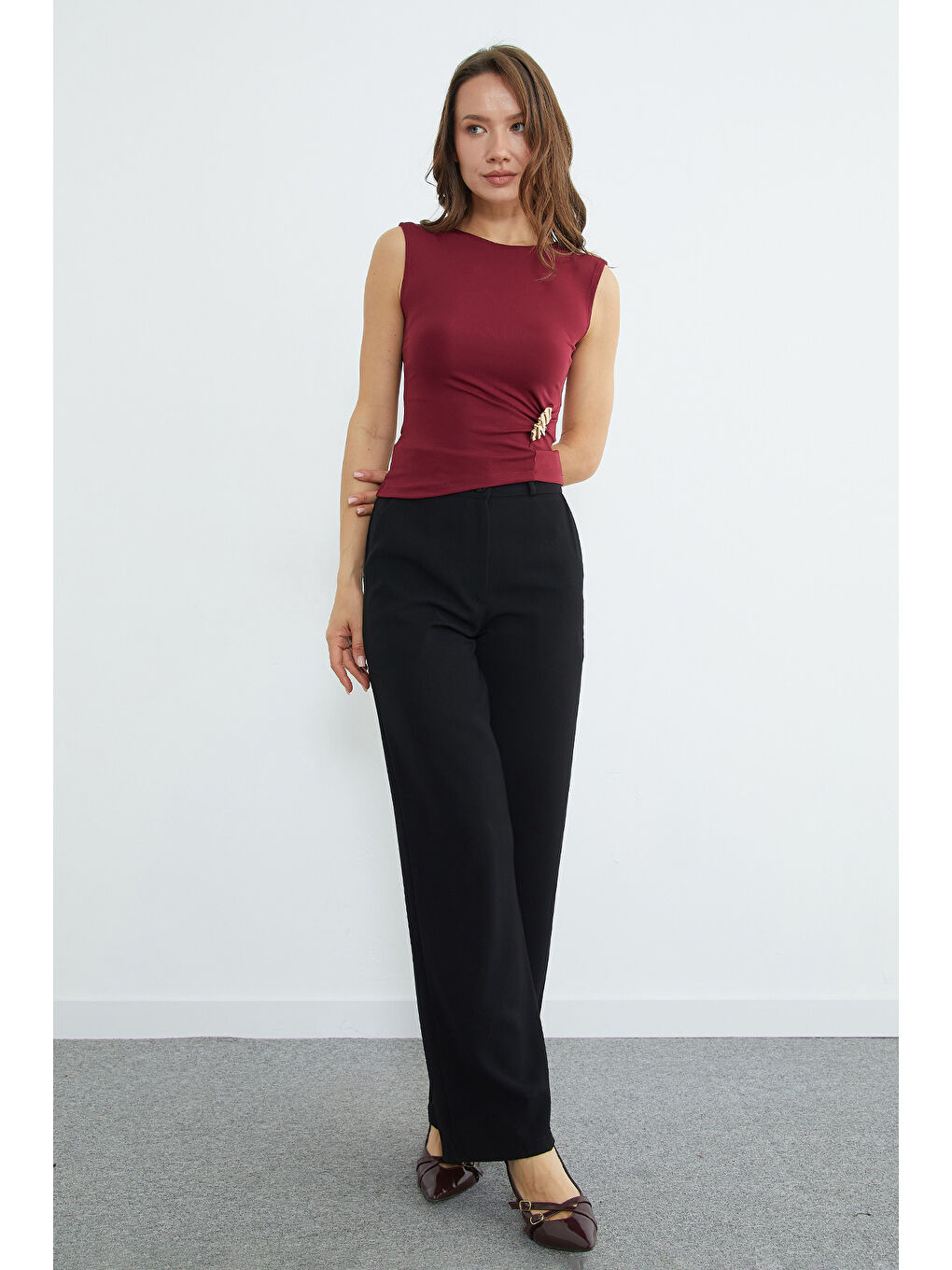 Bordo Toka Detaylı Bisiklet Yaka Bluz-3
