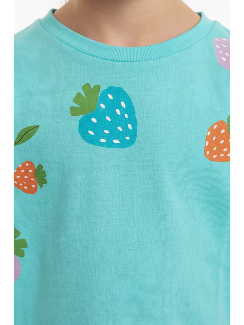 Yeşil Kız Çocuk Bisiklet Yaka Düşük Omuz Kısa Kollu Baskılı Tişört 25005-3