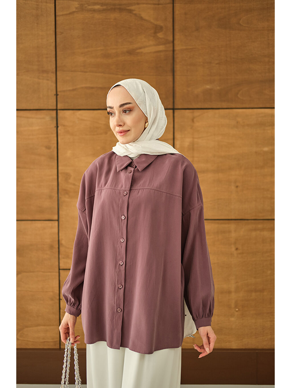 Kadın Biyeli Bel Bağlamalı Gömlek Mürdüm-3