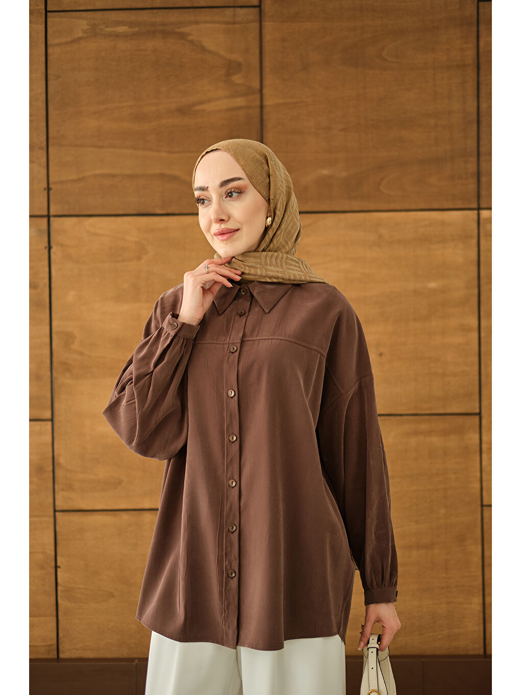 Kadın Biyeli Bel Bağlamalı Gömlek Kahverengi-4