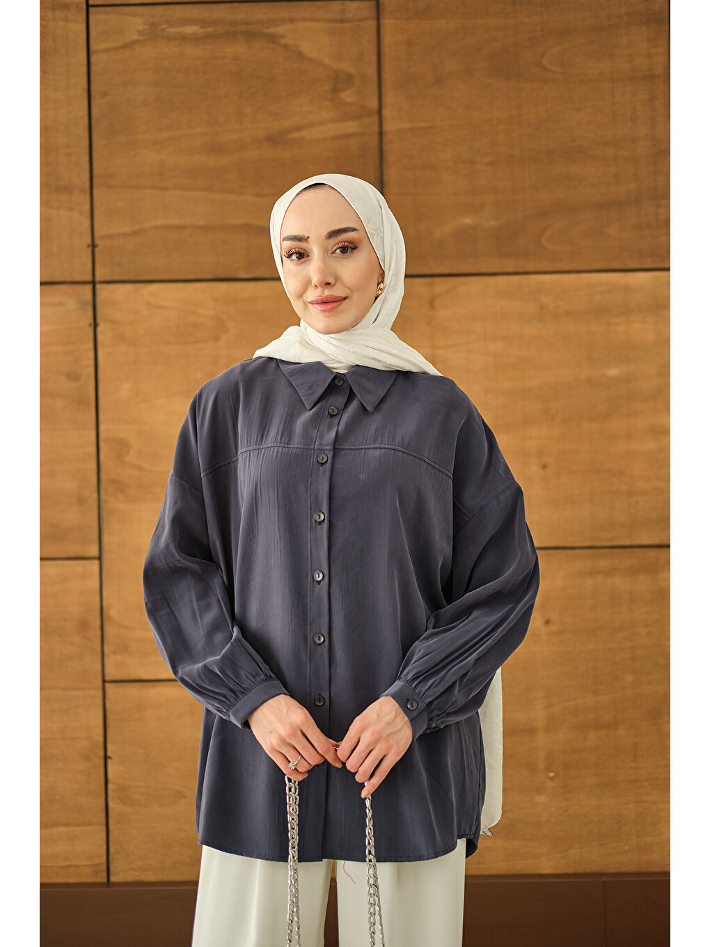 Kadın Biyeli Bel Bağlamalı Gömlek Lacivert-2