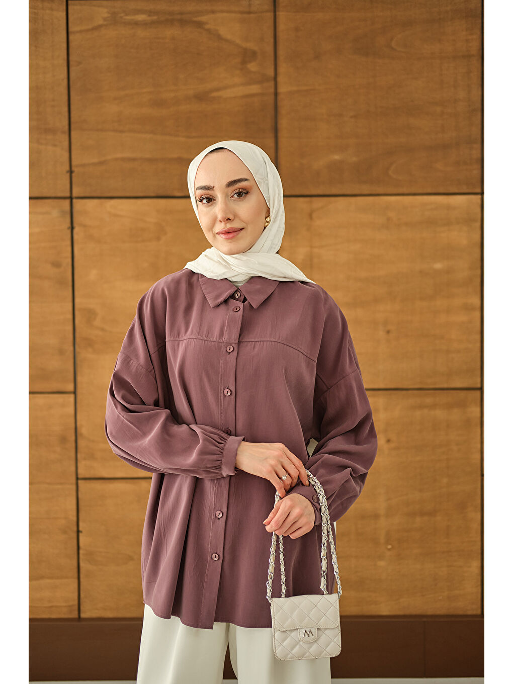 Kadın Biyeli Bel Bağlamalı Gömlek Mürdüm-4