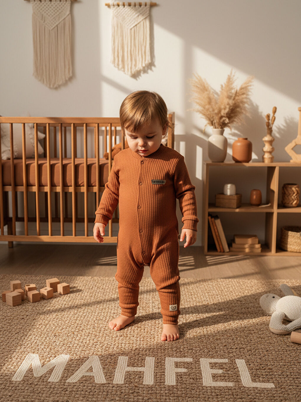 Kahverengi %100 Pamuklu Fitilli Bebek Tulum Salopet Çikolata-6