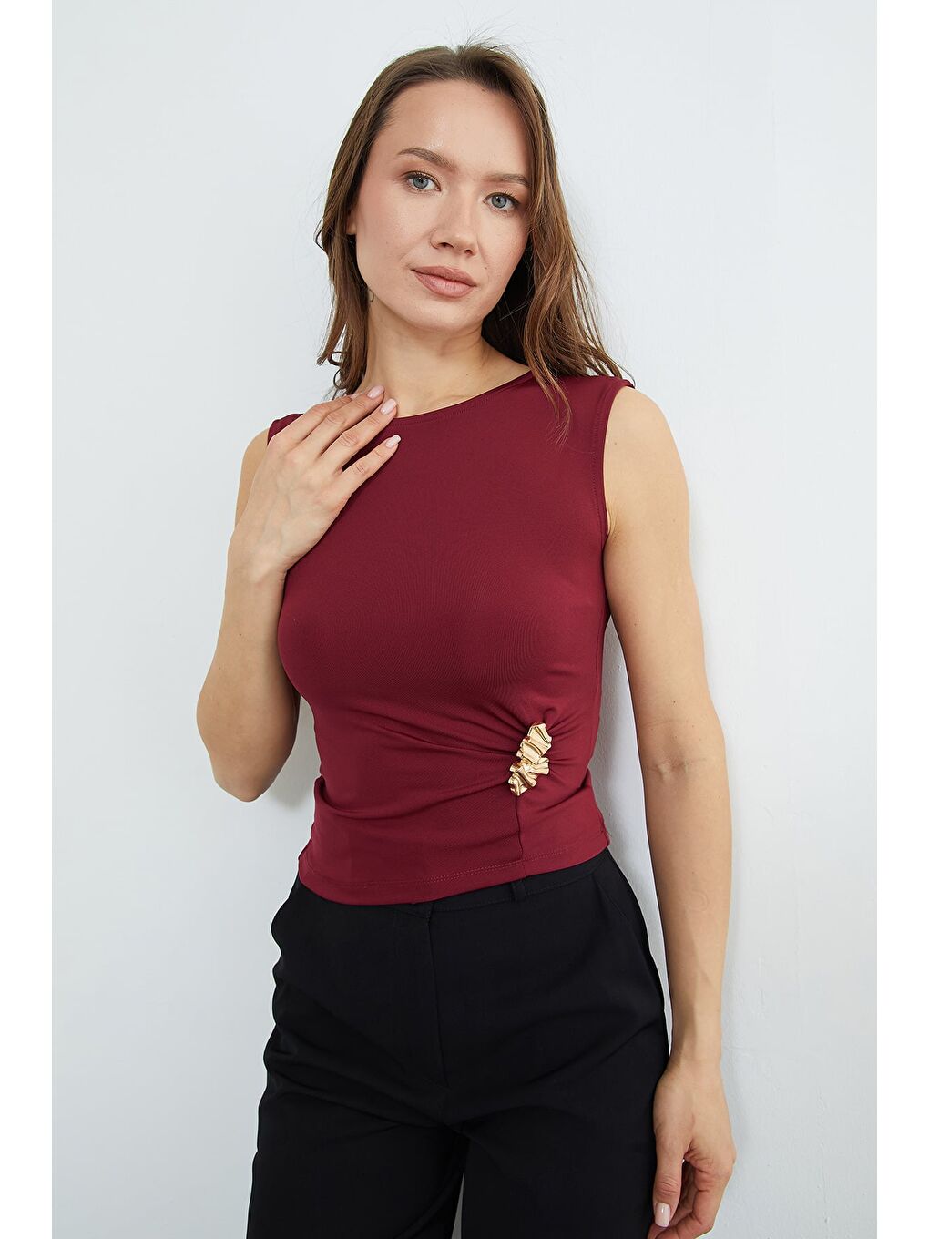 Bordo Toka Detaylı Bisiklet Yaka Bluz-4