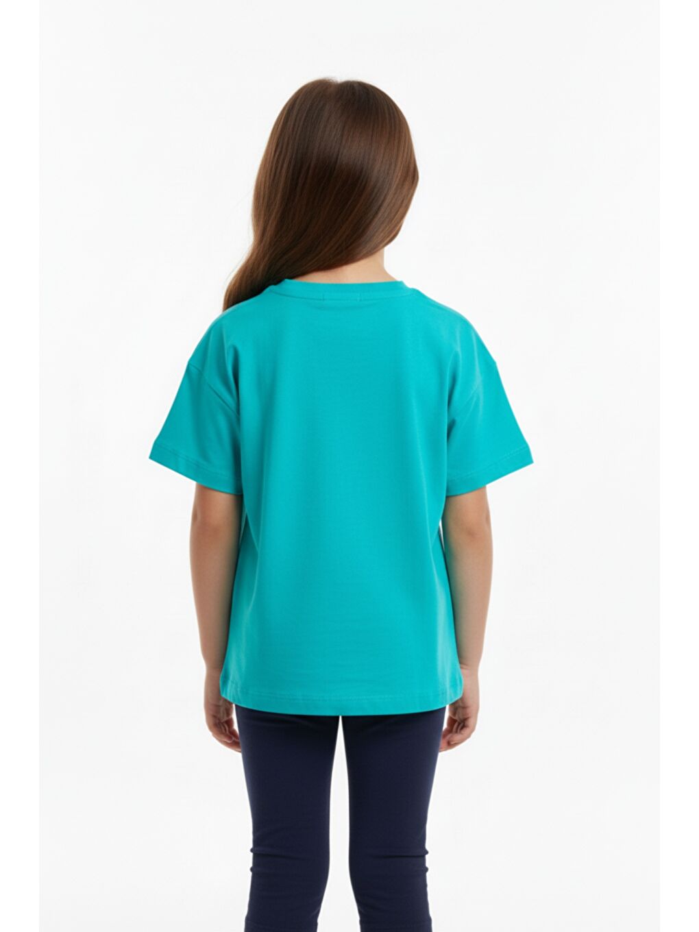 Yeşil Kız Çocuk Bisiklet Yaka Düşük Omuz Kısa Kollu Baskılı Tişört 25005-4