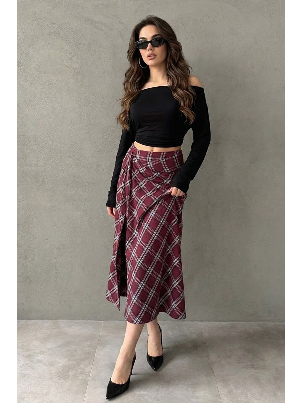 Bordo Ekose Desenli Yırtmaç Detaylı Kruvaze Midi Kadın Etek Mg2690-10