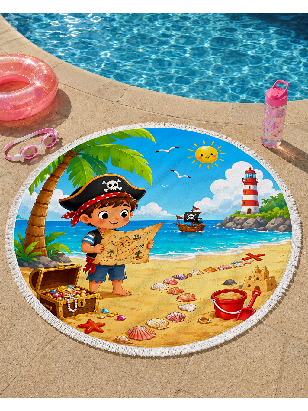 Sarı Plajda Hazine Avı 150 Cm Yuvarlak Çocuk Plaj Havlusu Hazine Avı Temalı Deniz ve Korsan Desenli-3