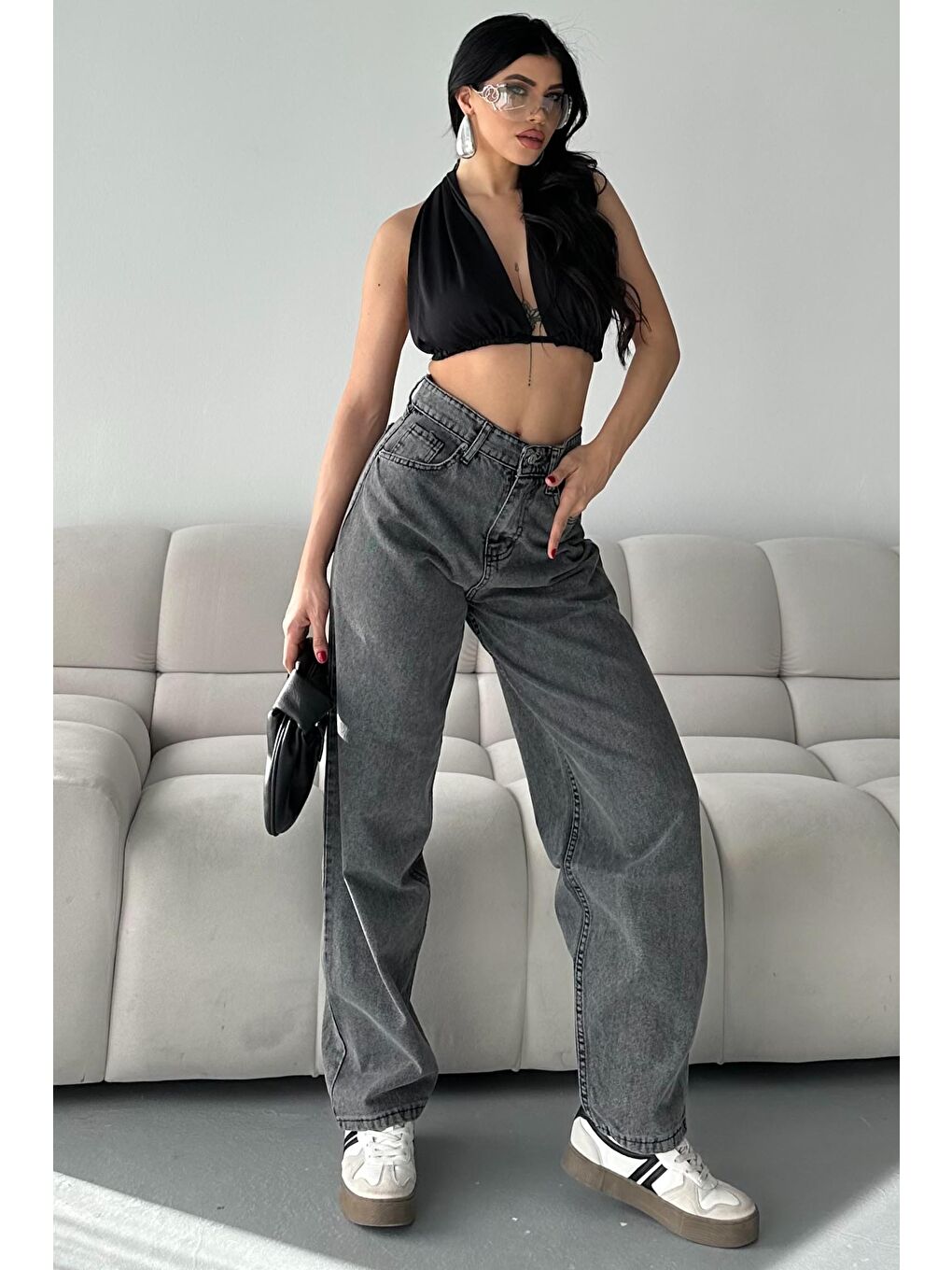 Kar Yıkamalı Baggy Jean Pantolon Koyu Gri - 27269-2