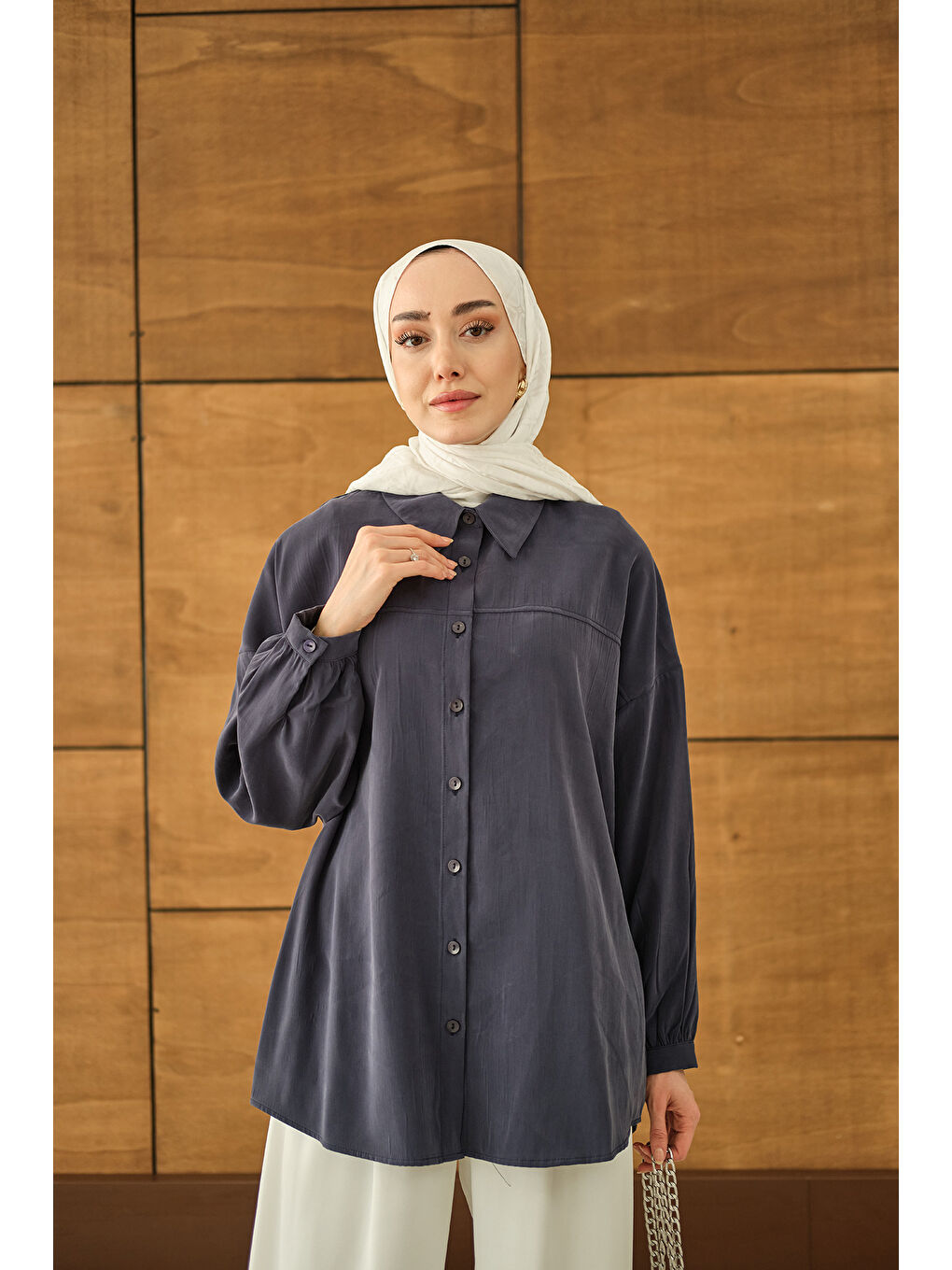 Kadın Biyeli Bel Bağlamalı Gömlek Lacivert-3