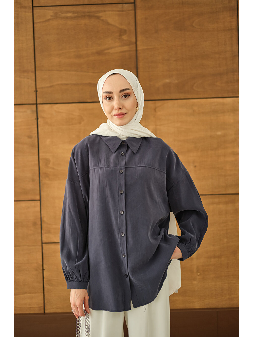 Kadın Biyeli Bel Bağlamalı Gömlek Lacivert-4