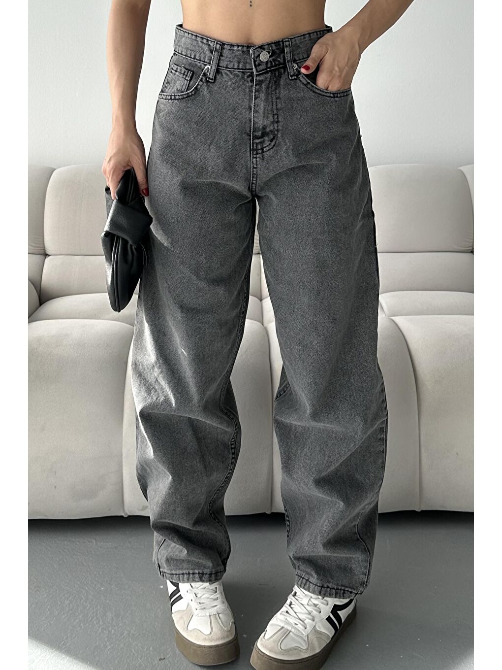 Kar Yıkamalı Baggy Jean Pantolon Koyu Gri - 27269-3