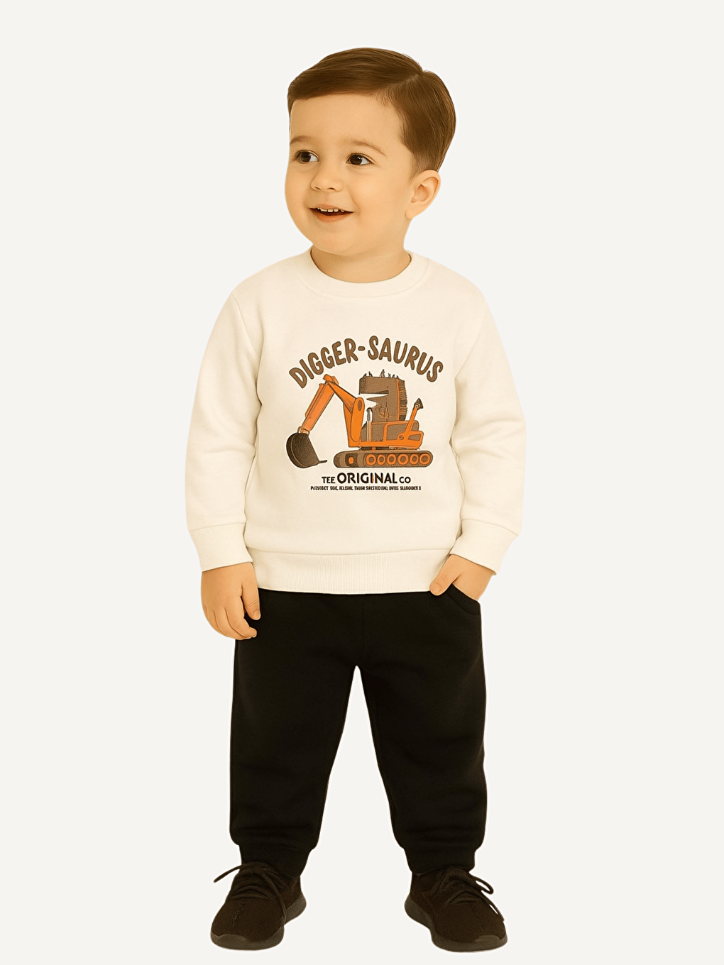 Ekru Bisiklet Yaka Baskılı Erkek Bebek Sweatshirt ve Eşofman Alt 2'li