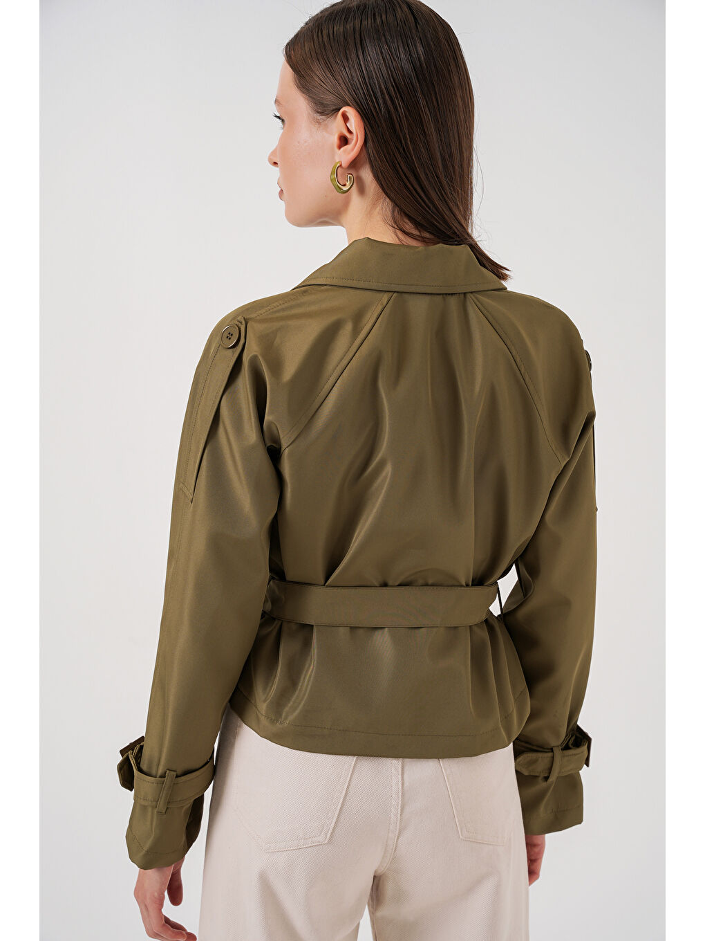 Kadın Kemerli Kısa Trençkot 5970 - Haki-5