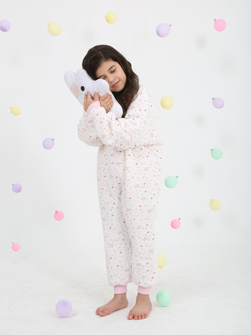 Ekru V Yaka Baskılı Elyaf Dolgulu Kız Çocuk Uyku Tulumu 10 - 12 Yaş-1