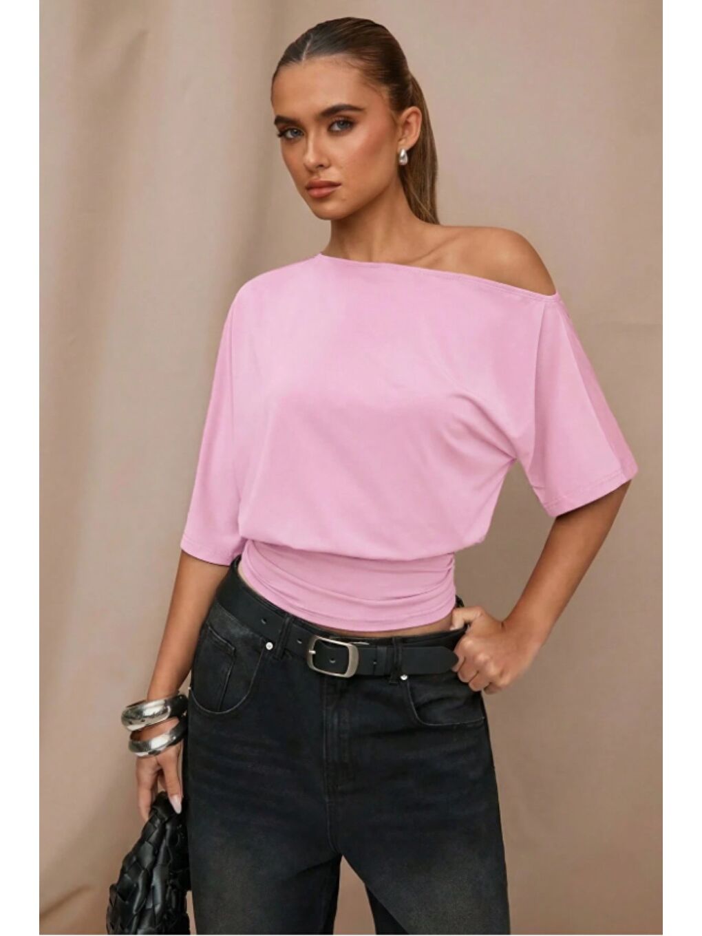 Pembe Omuz Dekolteli Elastanlı Süprem Kumaş Basic Tişört – Rahat Kesim Kadın Bluz-2