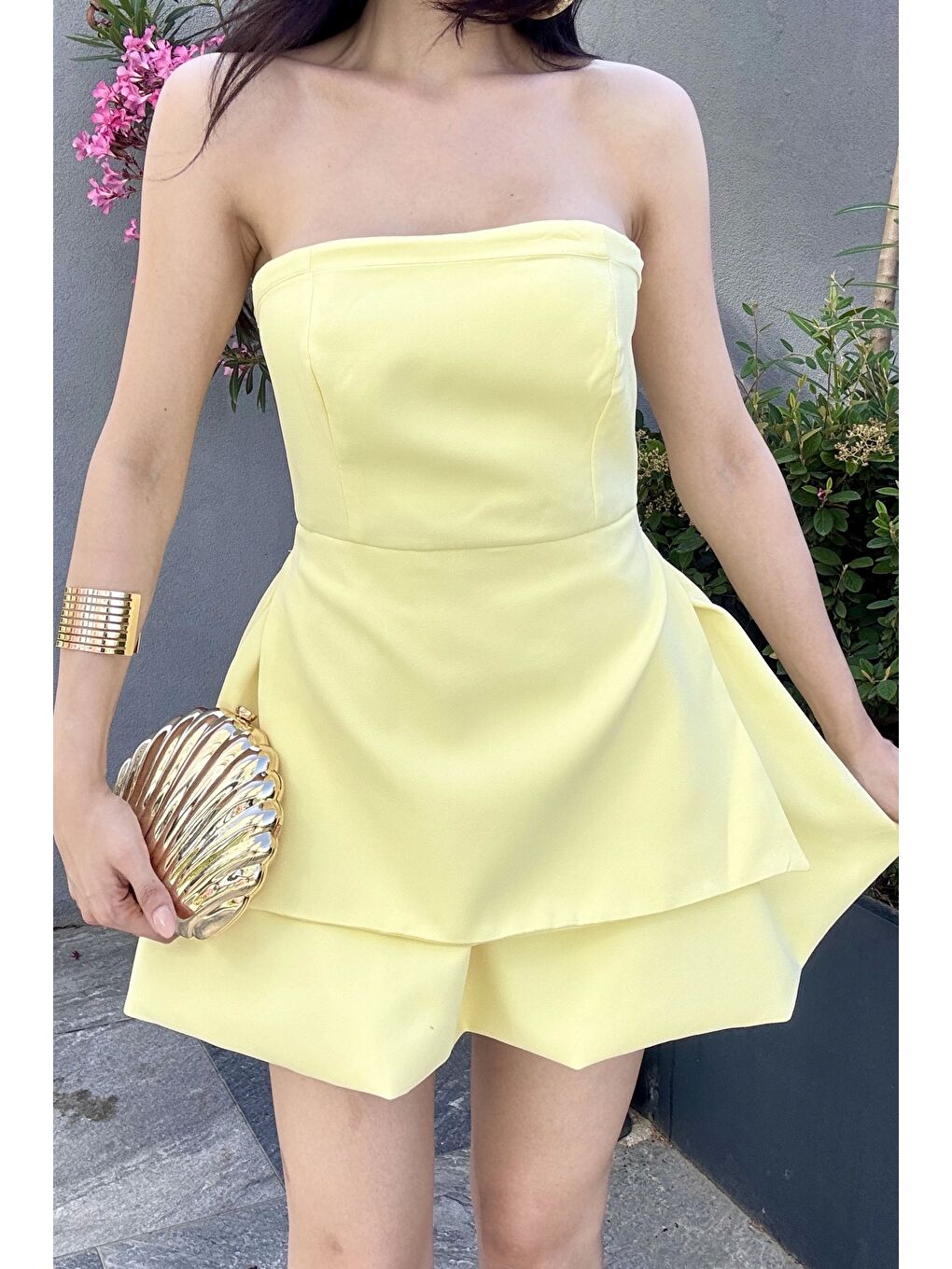 Kadın Sarı Straplez Elbise 1006-748-3