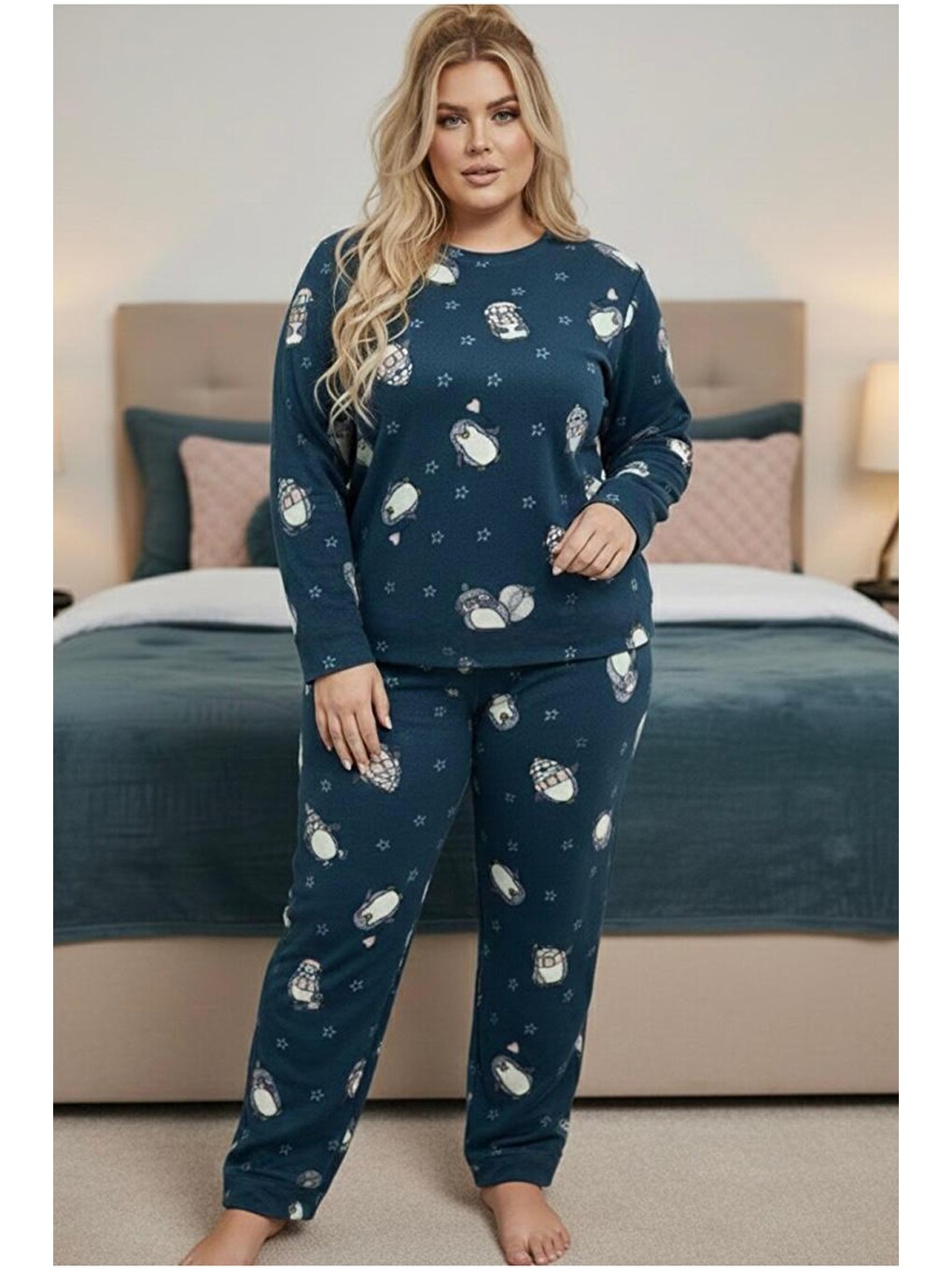 Petrol Büyük Beden Polar Kışlık Örme Pijama Takım 25222582-1