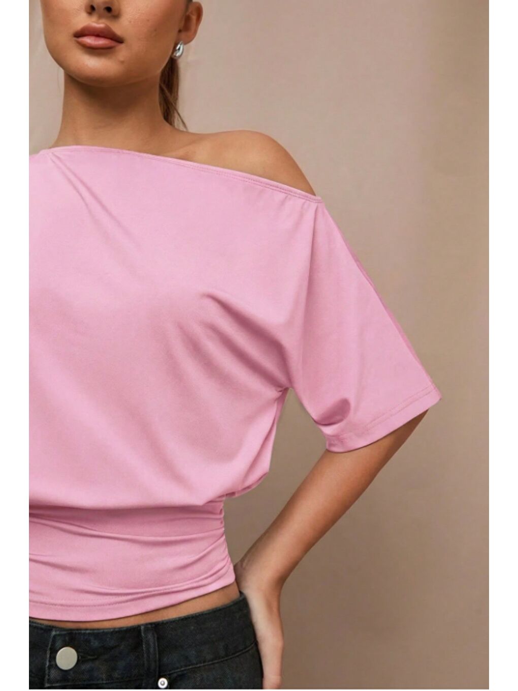 Pembe Omuz Dekolteli Elastanlı Süprem Kumaş Basic Tişört – Rahat Kesim Kadın Bluz-3
