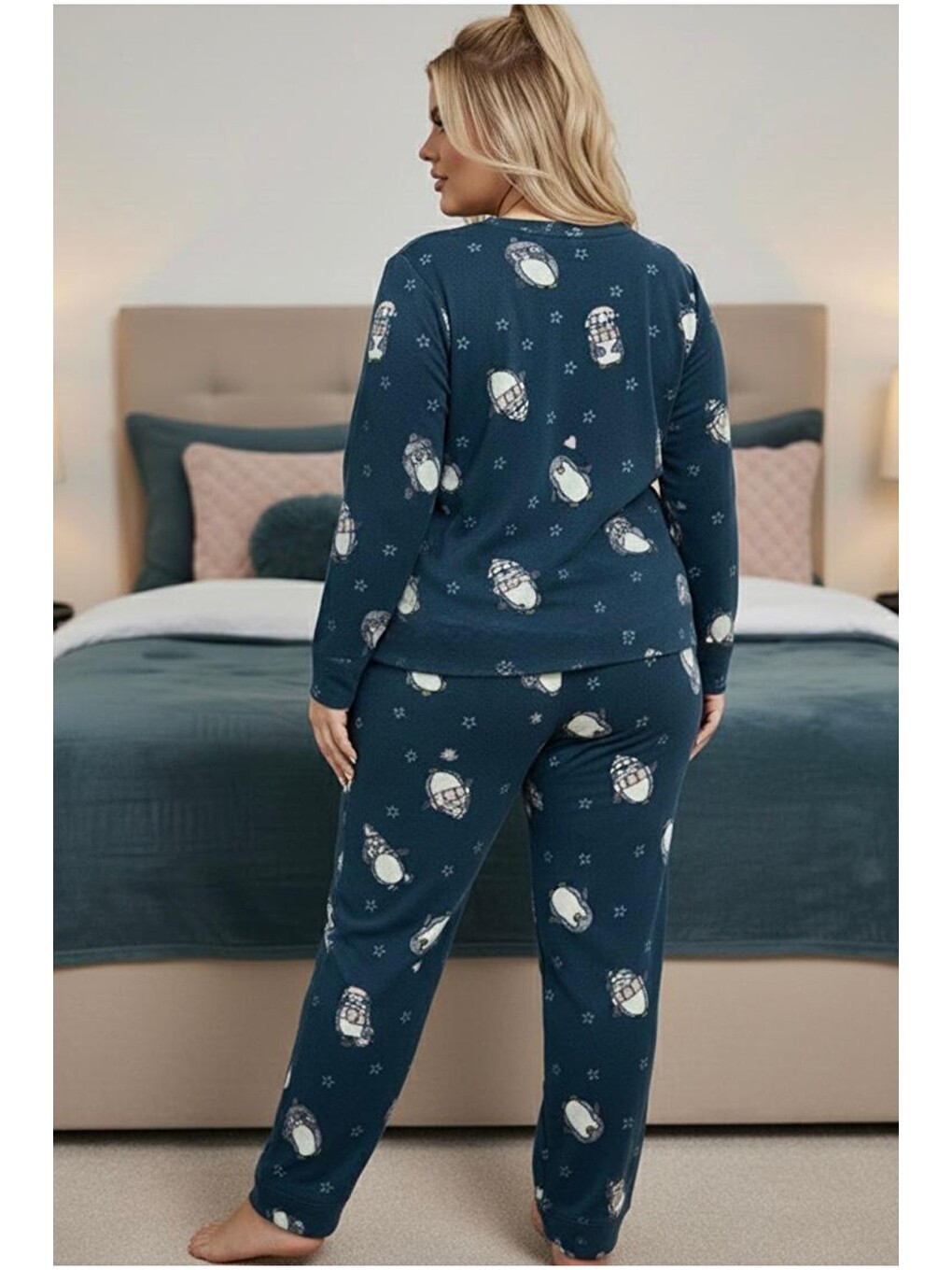 Petrol Büyük Beden Polar Kışlık Örme Pijama Takım 25222582-2