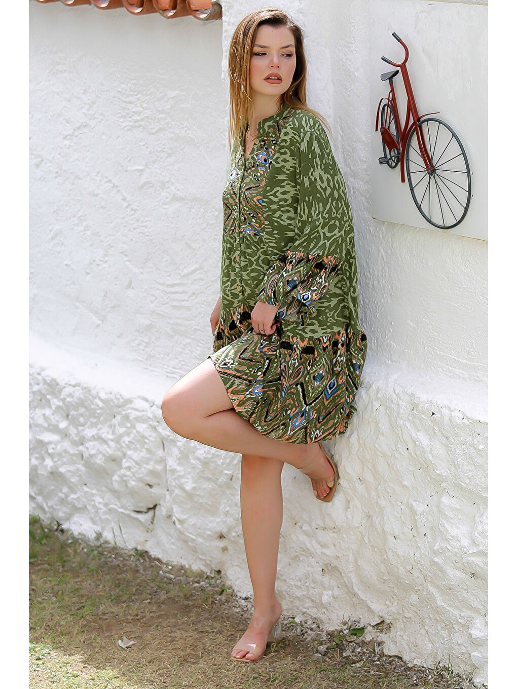 Haki Hakim Yaka 3/4 Kol Düğmeli Kol Ve Etek Ucu Fırfırlı Allover Baskılı Dokuma Casual Elbise-2