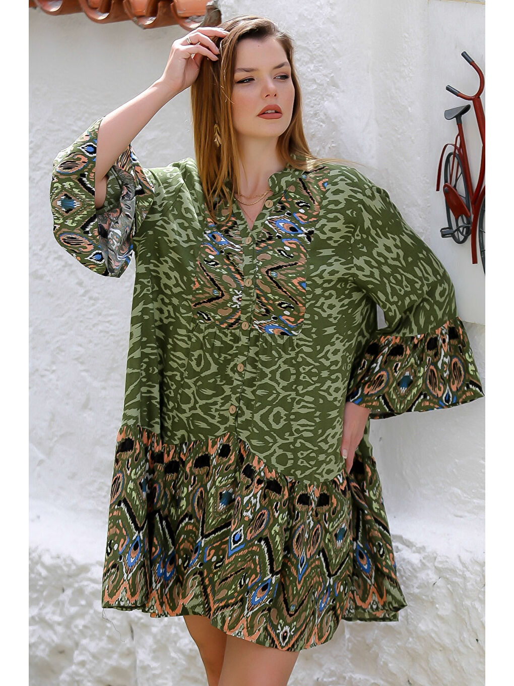 Haki Hakim Yaka 3/4 Kol Düğmeli Kol Ve Etek Ucu Fırfırlı Allover Baskılı Dokuma Casual Elbise-3