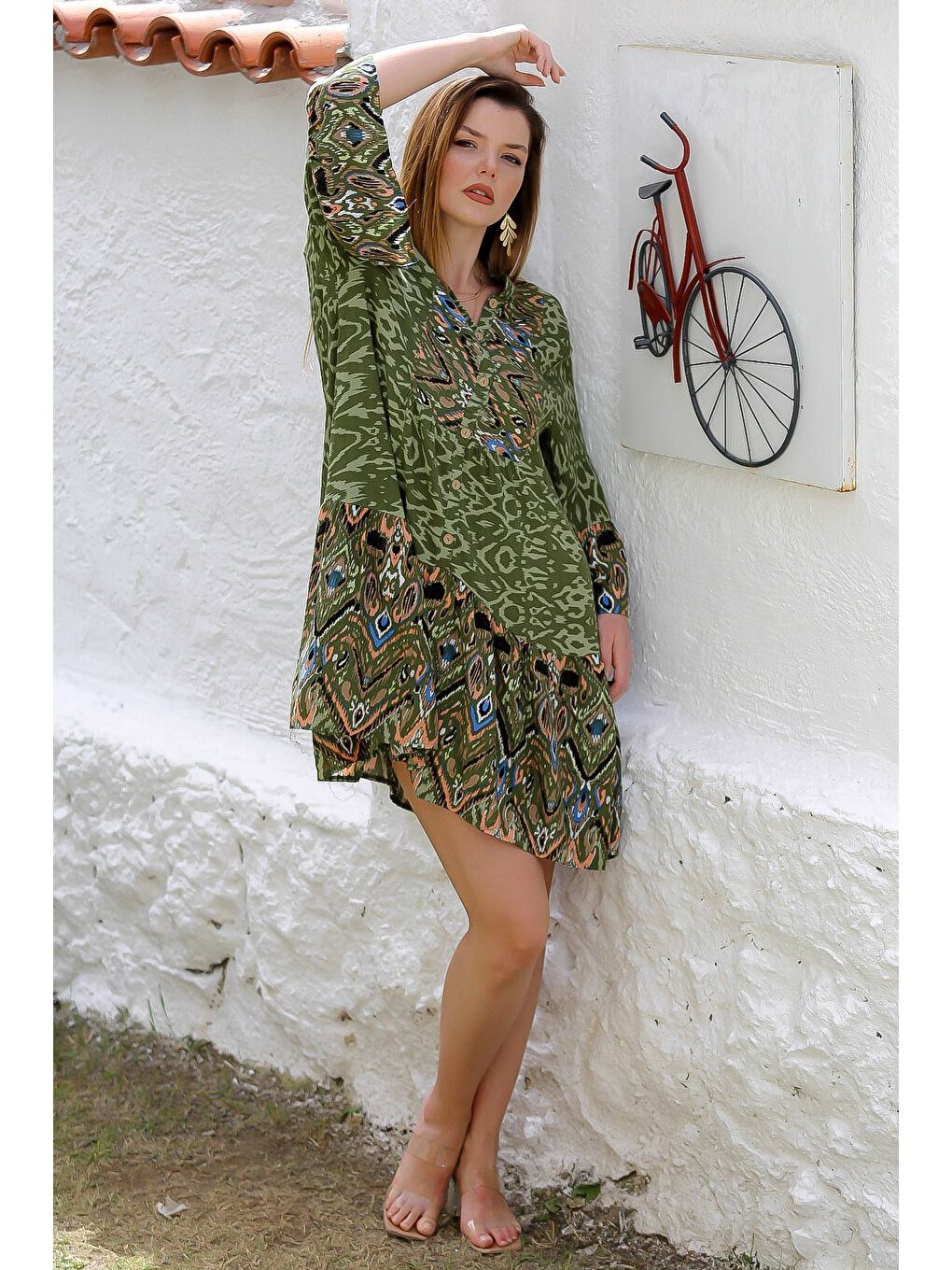 Haki Hakim Yaka 3/4 Kol Düğmeli Kol Ve Etek Ucu Fırfırlı Allover Baskılı Dokuma Casual Elbise-4